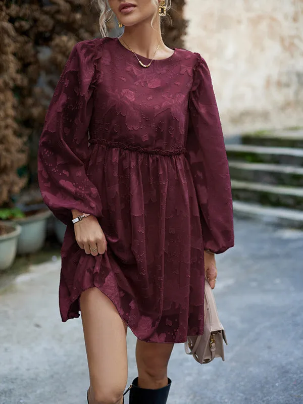 Floral Jacquard Dress with Cinched Waist and Long Sleeves