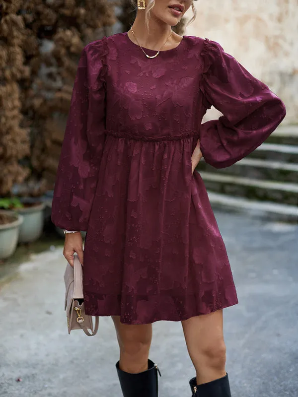 Floral Jacquard Dress with Cinched Waist and Long Sleeves