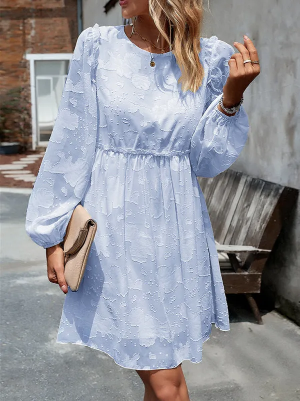 Floral Jacquard Dress with Cinched Waist and Long Sleeves