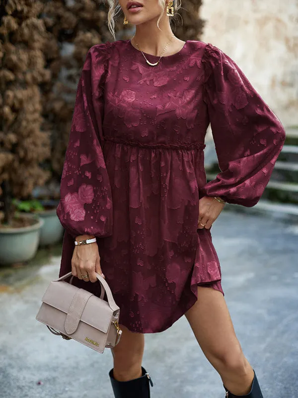 Floral Jacquard Dress with Cinched Waist and Long Sleeves