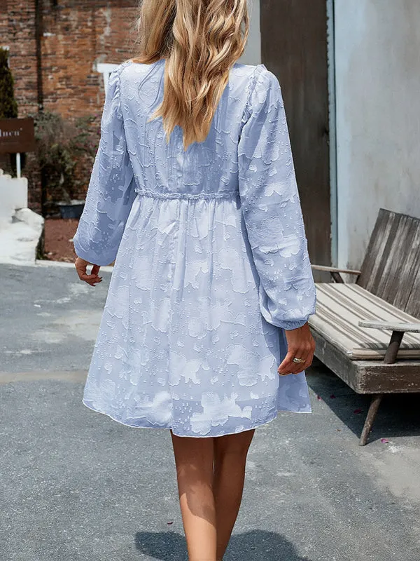 Floral Jacquard Dress with Cinched Waist and Long Sleeves