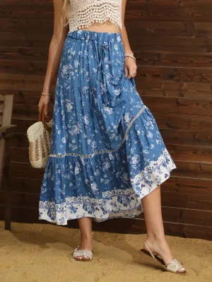 Floral Pleated Boho A-Line Rayon Maxi Skirt