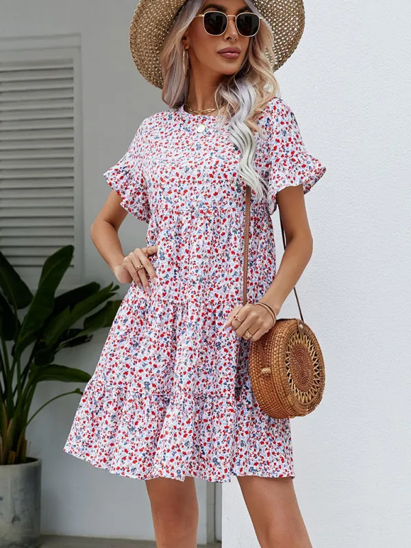 Floral Print Loose Fit Dress with Ruffle Sleeves