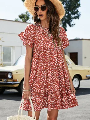 Floral Print Loose Fit Dress with Ruffle Sleeves