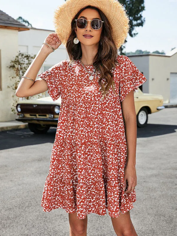 Floral Print Loose Fit Dress with Ruffle Sleeves