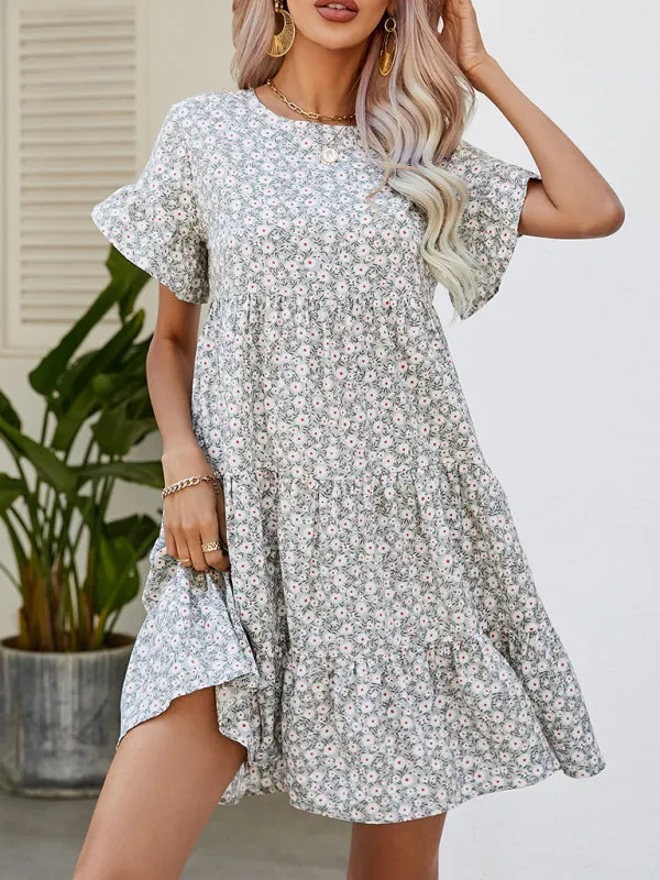 Floral Print Loose Fit Dress with Ruffle Sleeves