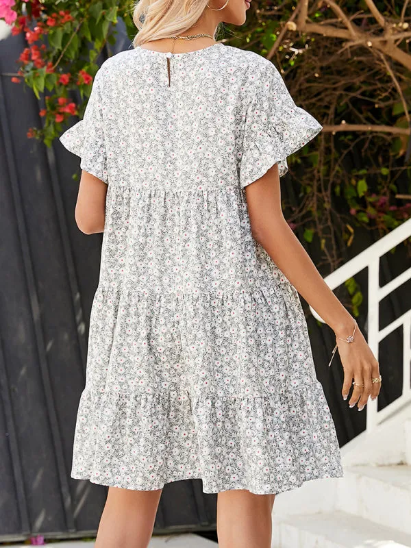 Floral Print Loose Fit Dress with Ruffle Sleeves