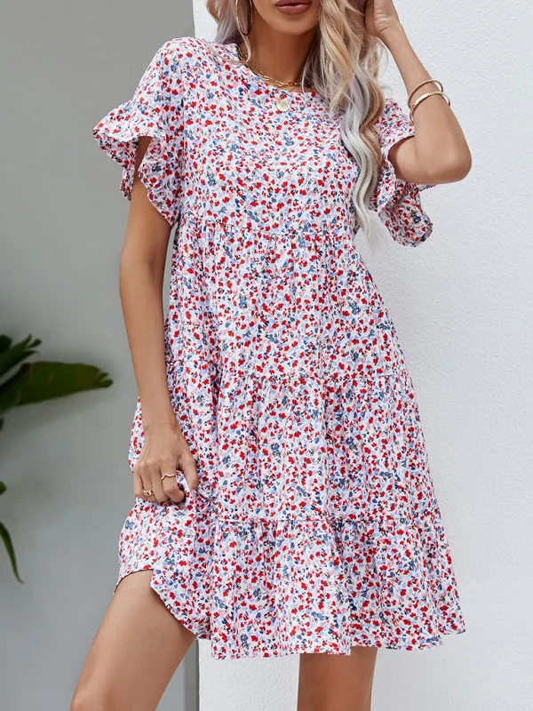 Floral Print Loose Fit Dress with Ruffle Sleeves