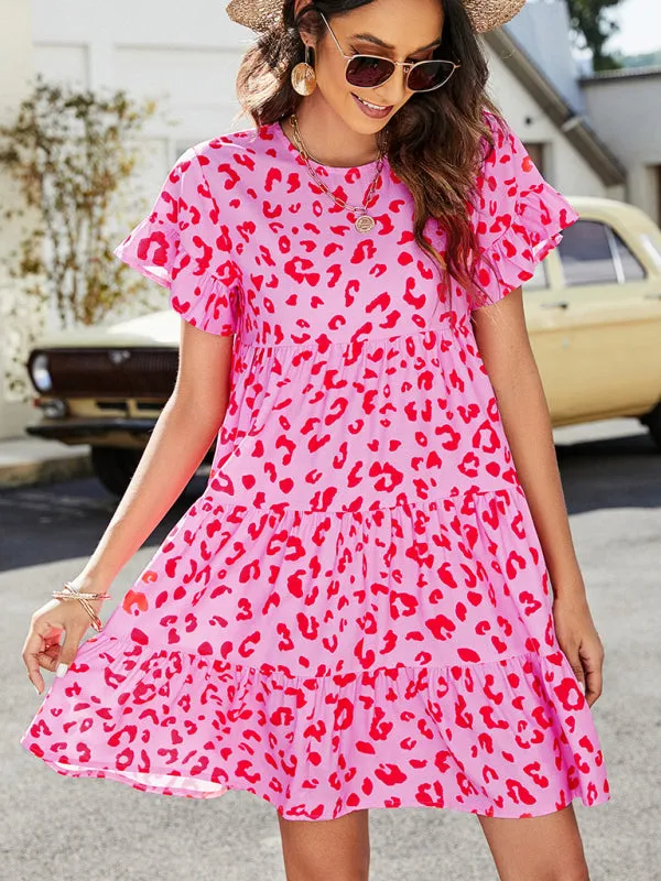 Floral Print Loose Fit Dress with Ruffle Sleeves
