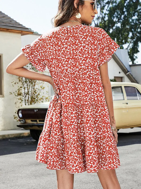 Floral Print Loose Fit Dress with Ruffle Sleeves
