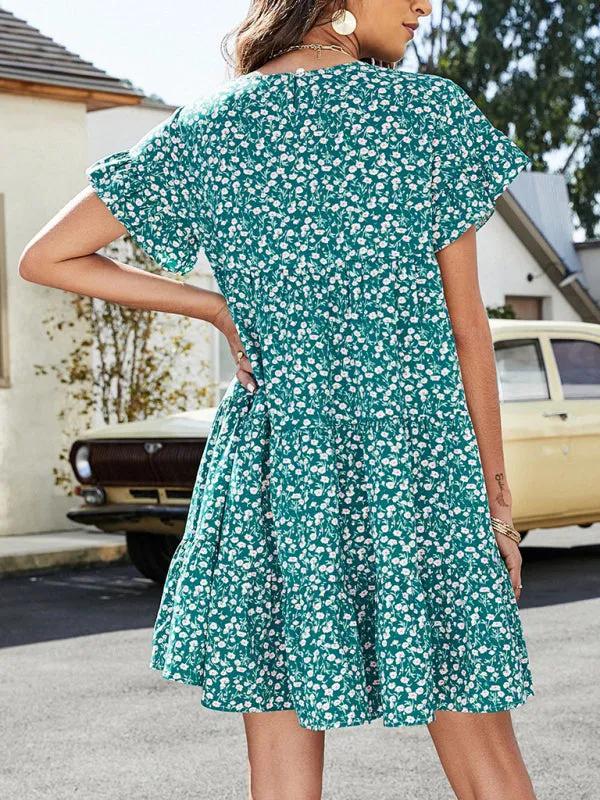 Floral Print Loose Fit Dress with Ruffle Sleeves