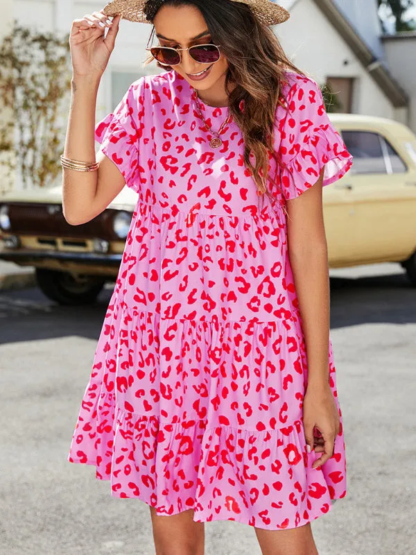 Floral Print Loose Fit Dress with Ruffle Sleeves