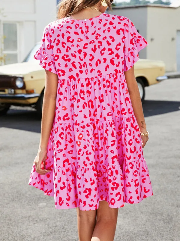 Floral Print Loose Fit Dress with Ruffle Sleeves