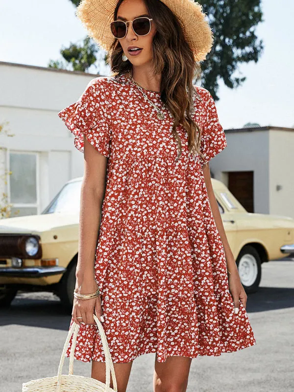 Floral Print Loose Fit Dress with Ruffle Sleeves