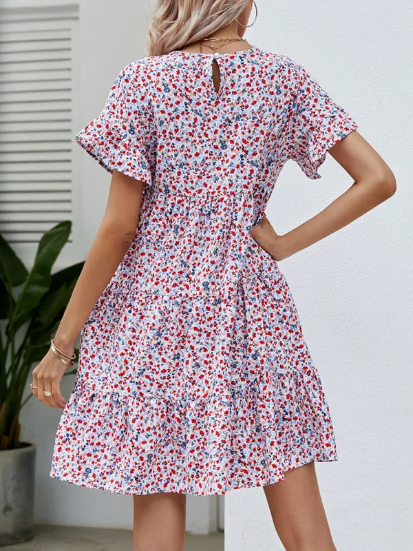 Floral Print Loose Fit Dress with Ruffle Sleeves