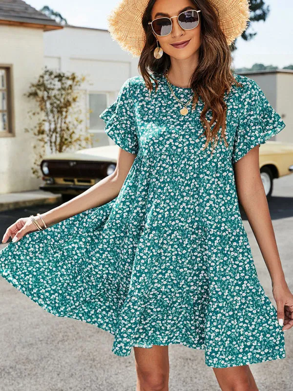 Floral Print Loose Fit Dress with Ruffle Sleeves