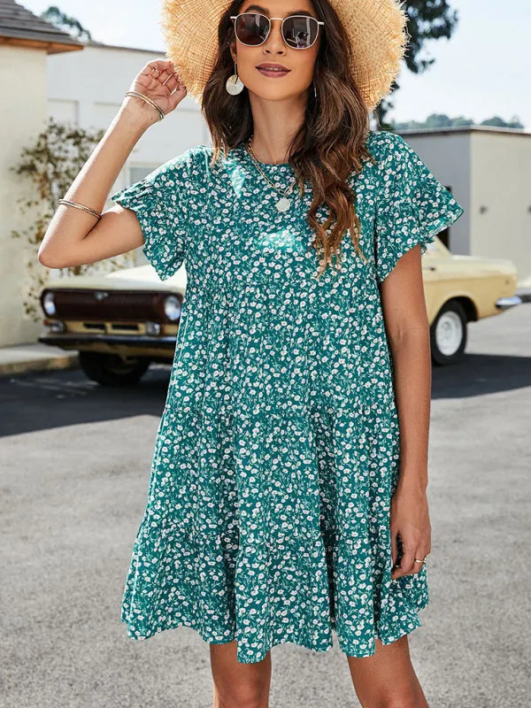 Floral Print Loose Fit Dress with Ruffle Sleeves