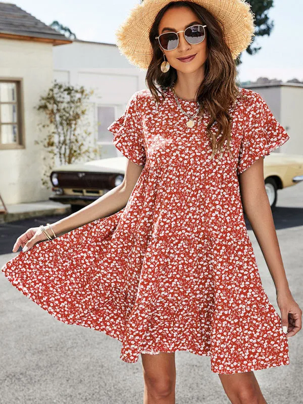 Floral Print Loose Fit Dress with Ruffle Sleeves