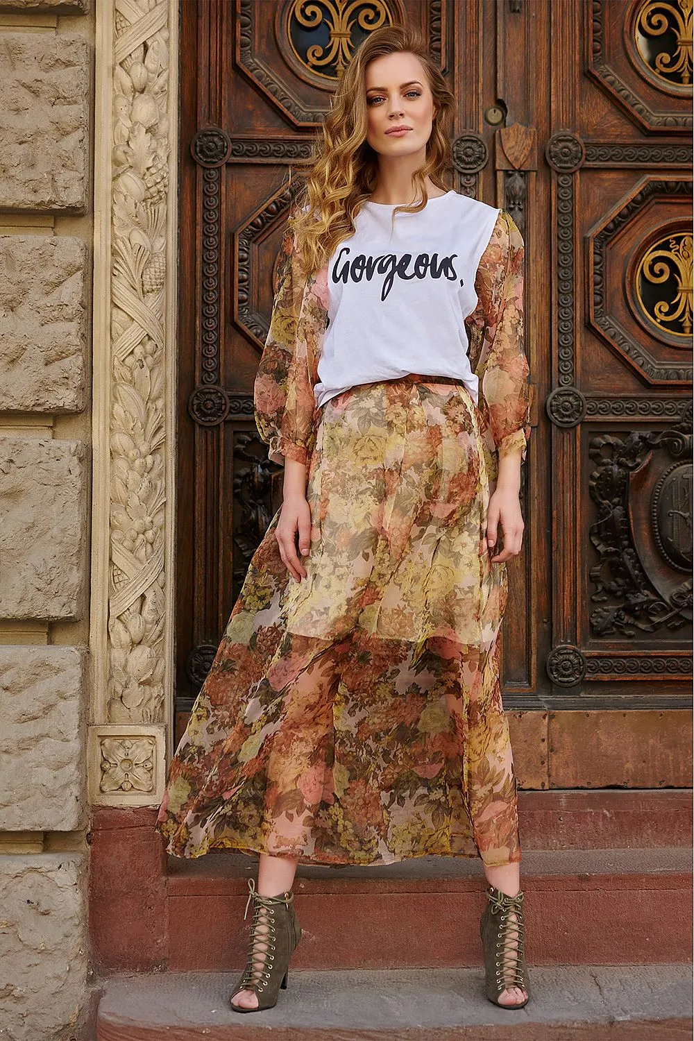 Floral Tulle Maxi Skirt with Slip