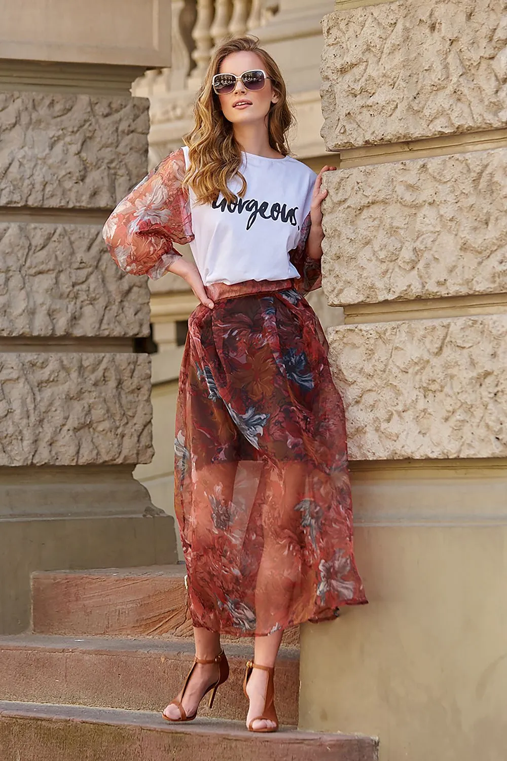 Floral Tulle Maxi Skirt with Slip