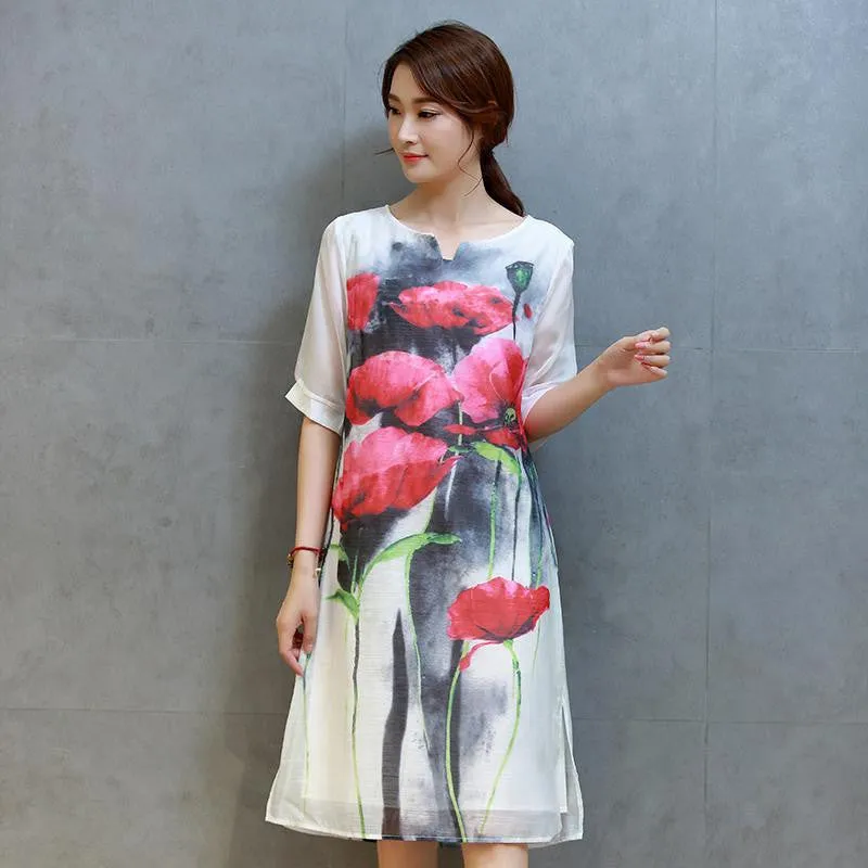 Flower Print Short Sleeve Comfortable Cotton Linen Loose Casual Dress Women Summer Dresses Plus Size H301