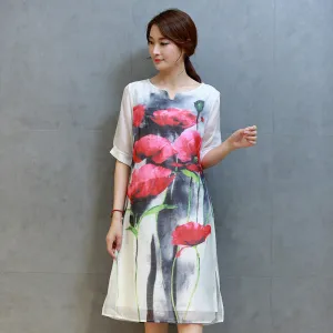 Flower Print Short Sleeve Comfortable Cotton Linen Loose Casual Dress Women Summer Dresses Plus Size H301