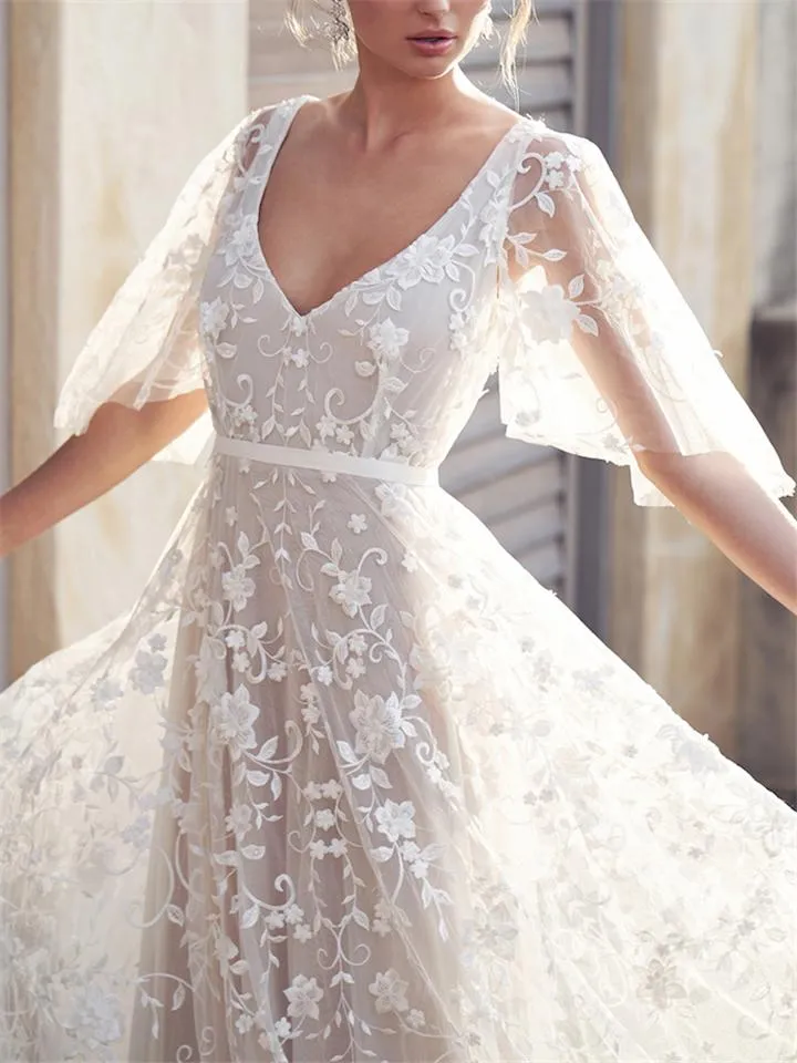 Flowing Floral Applique Cap Sleeve Backless Dress for Wedding