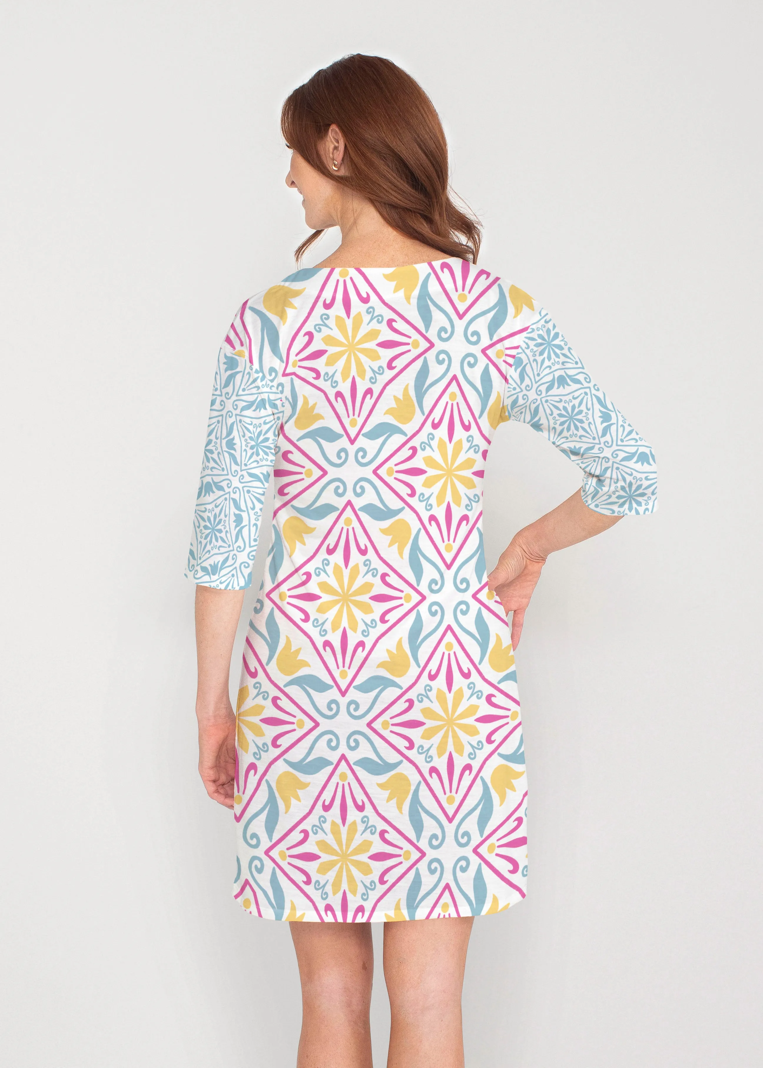 Geo Tile Blue (8158) ~ Drop Shoulder 3/4 Sleeve V-Neck Dress