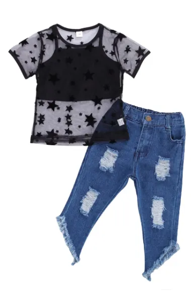 Girls 3 piece mesh top & jean set