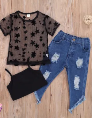 Girls 3 piece mesh top & jean set