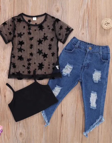 Girls 3 piece mesh top & jean set