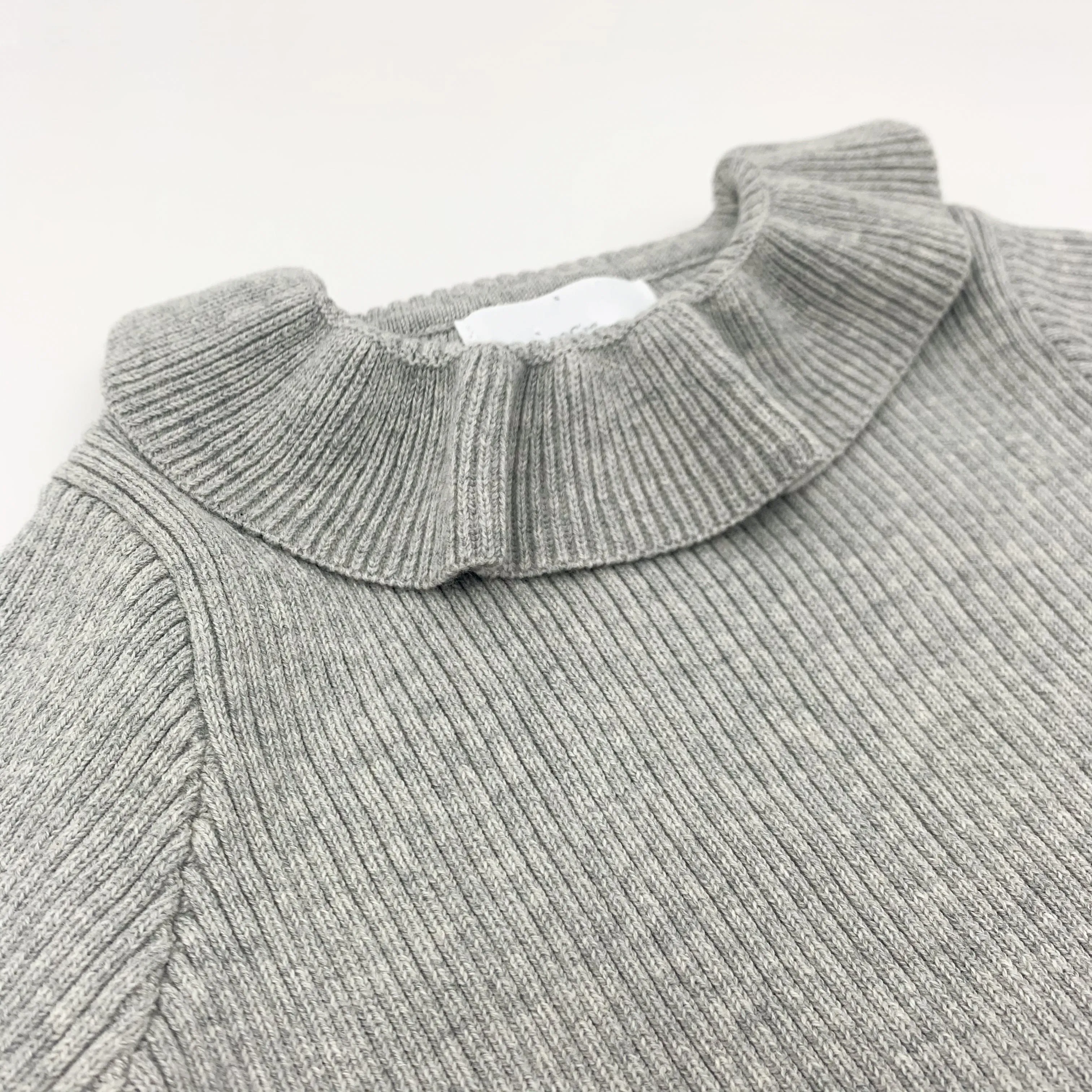 Girls Frill Collar Rib Knitted Sweater- Grey