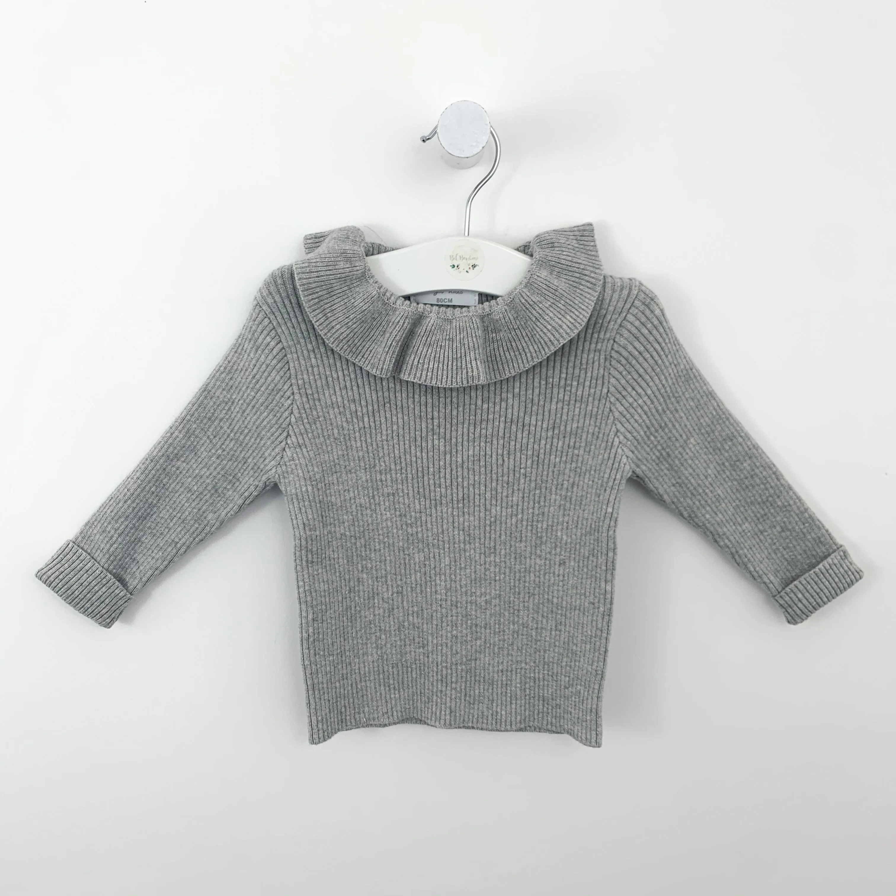 Girls Frill Collar Rib Knitted Sweater- Grey