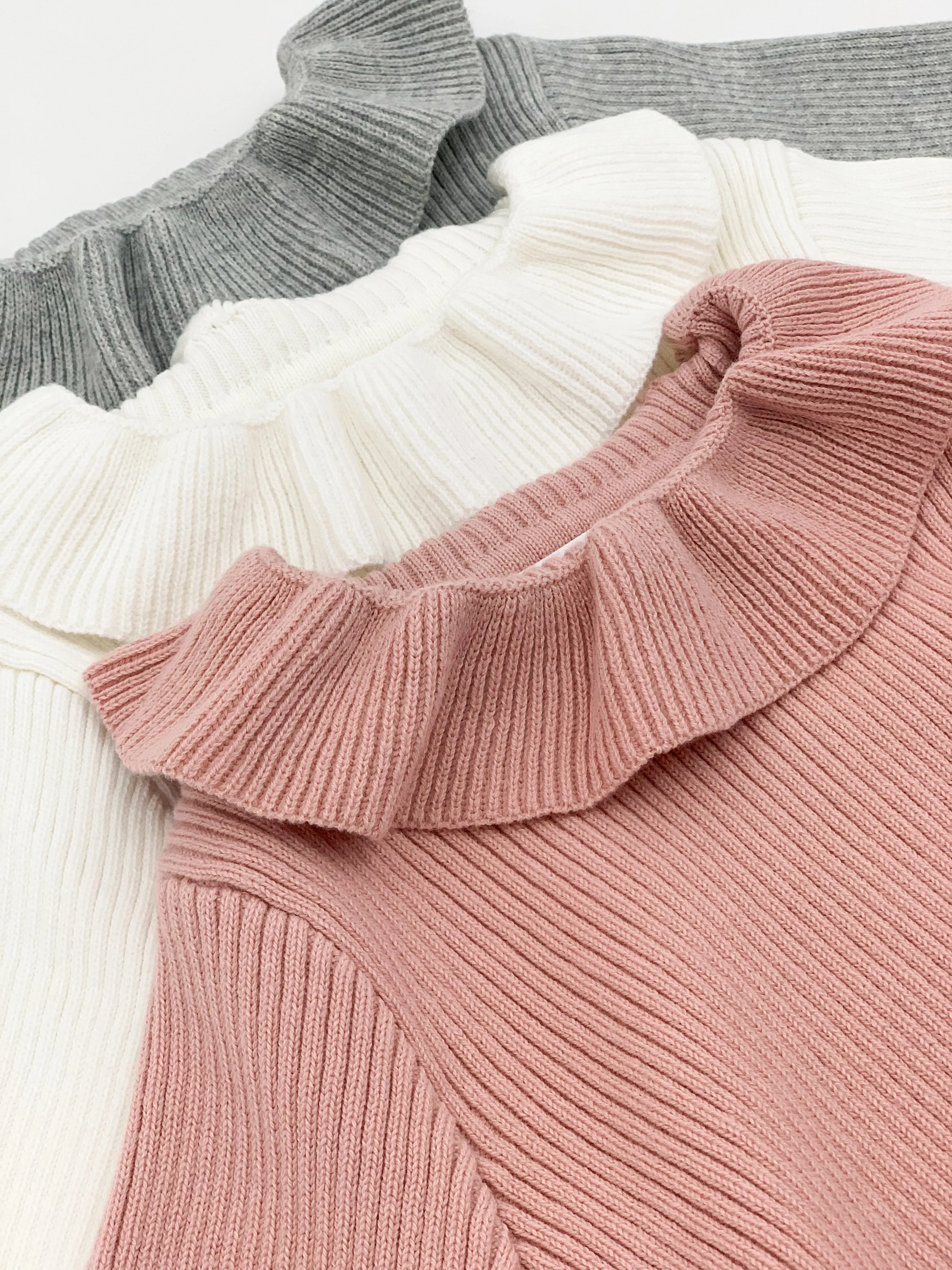 Girls Frill Collar Rib Knitted Sweater- Grey