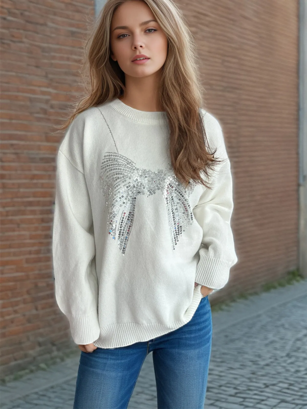 Glamorous Sequin Bow Sweater with Timeless Round Neck Design