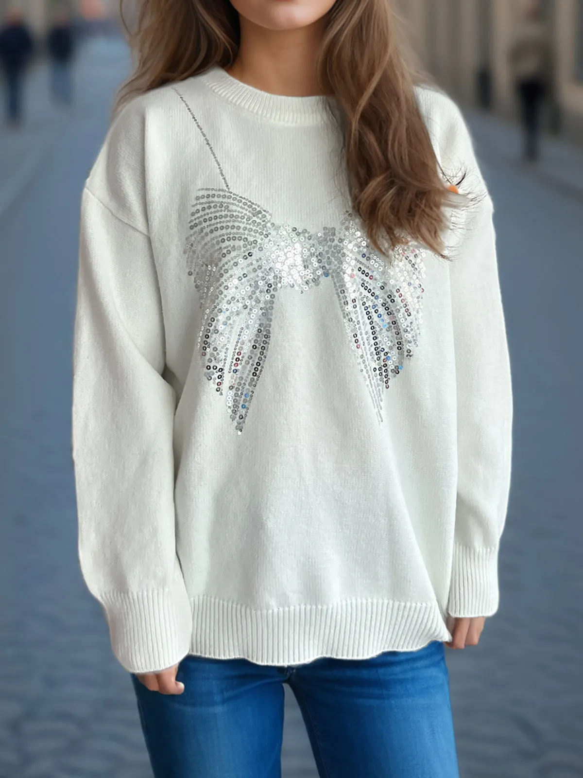 Glamorous Sequin Bow Sweater with Timeless Round Neck Design