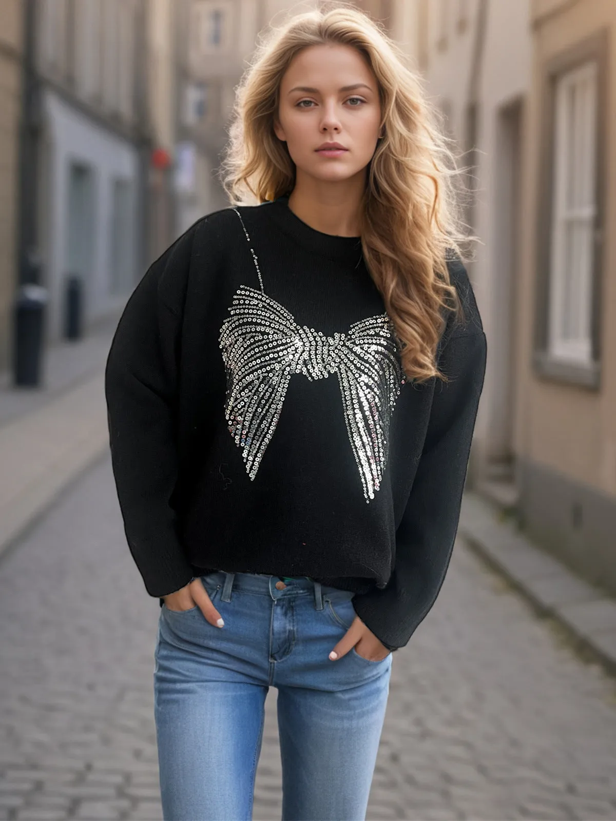 Glamorous Sequin Bow Sweater with Timeless Round Neck Design