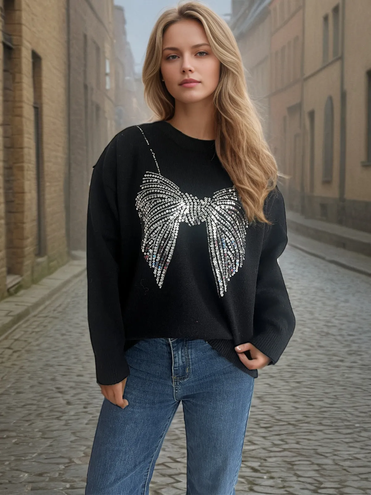 Glamorous Sequin Bow Sweater with Timeless Round Neck Design