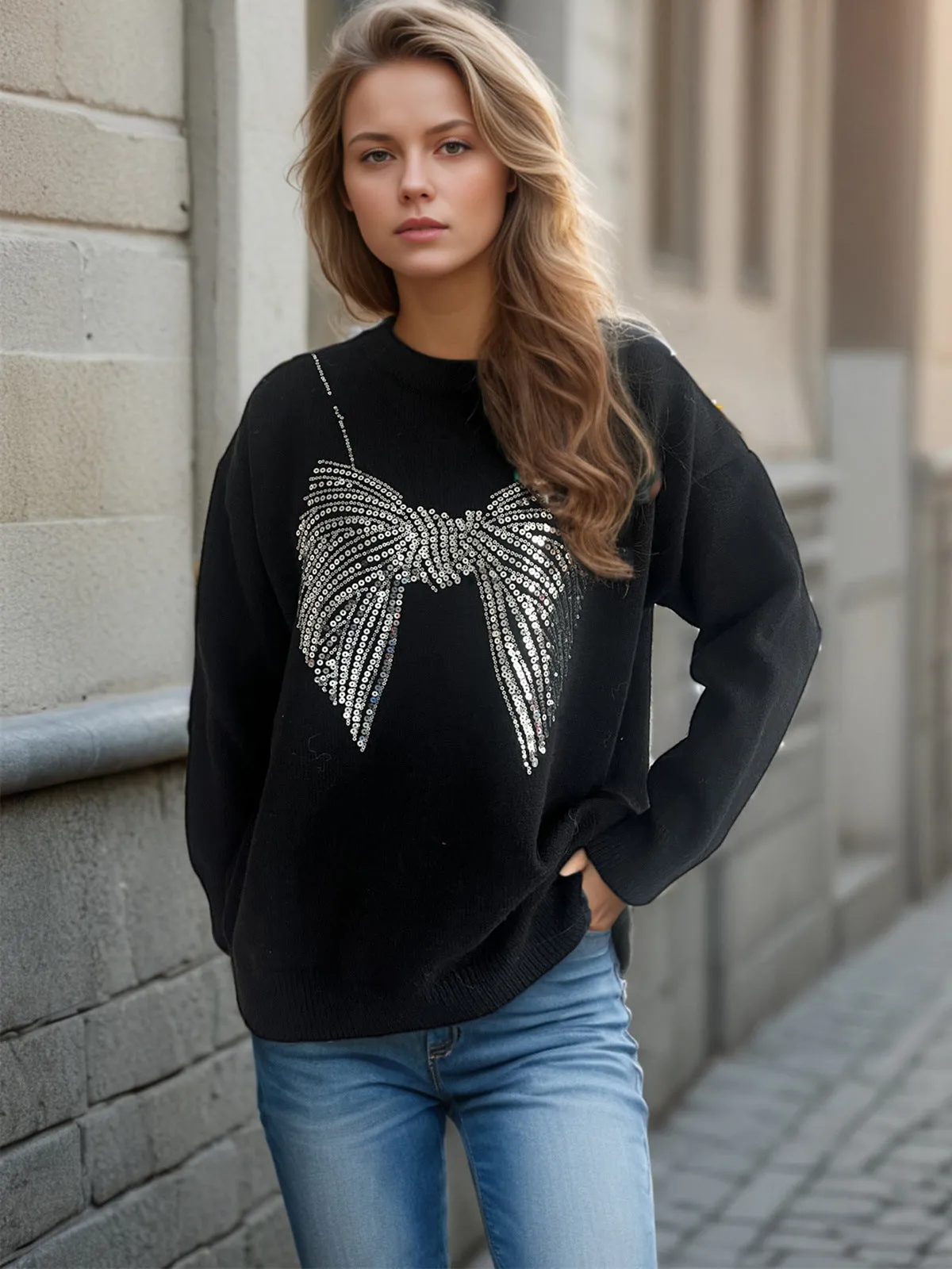 Glamorous Sequin Bow Sweater with Timeless Round Neck Design