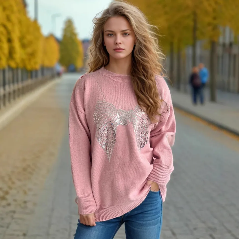 Glamorous Sequin Bow Sweater with Timeless Round Neck Design
