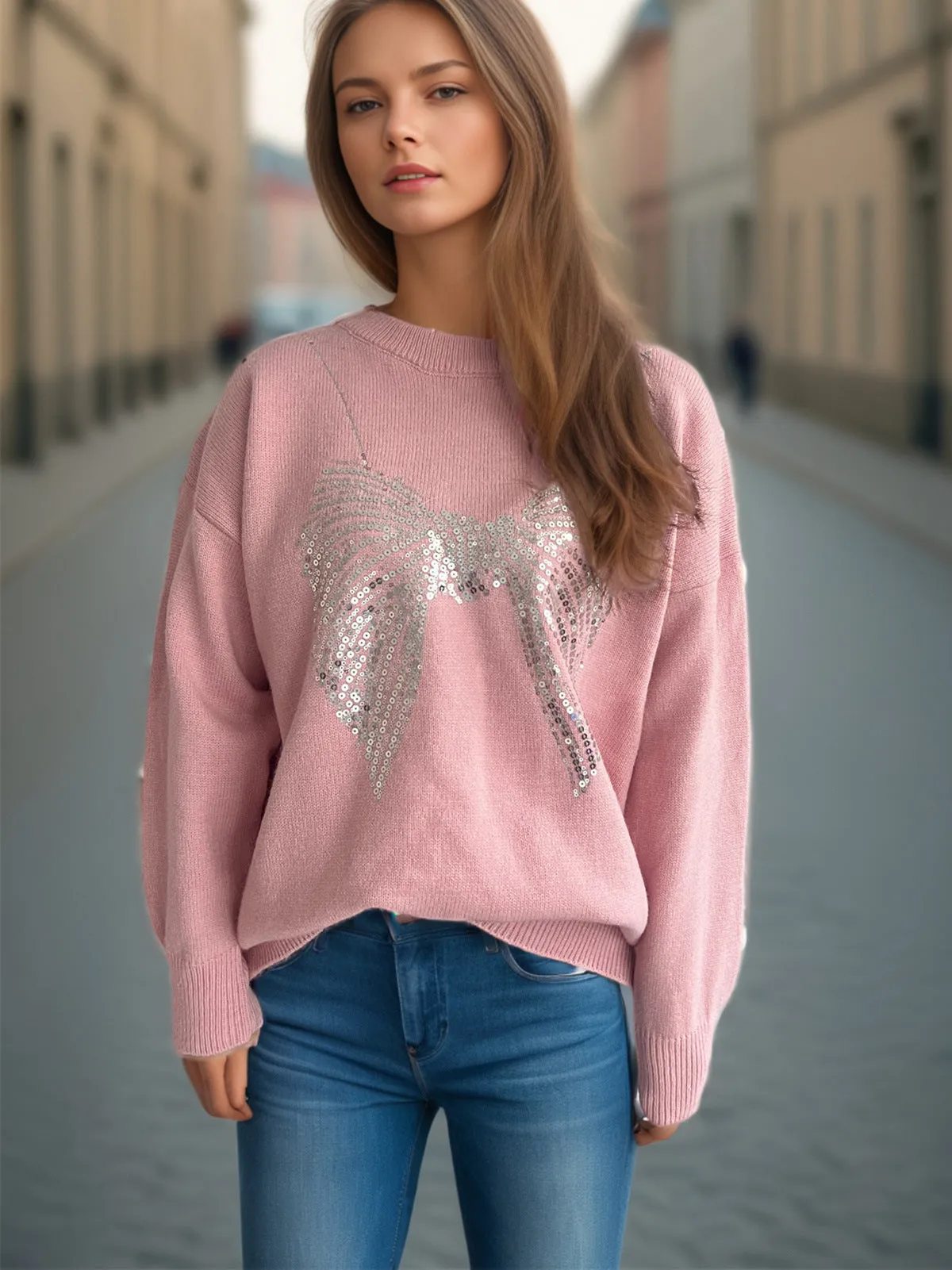 Glamorous Sequin Bow Sweater with Timeless Round Neck Design
