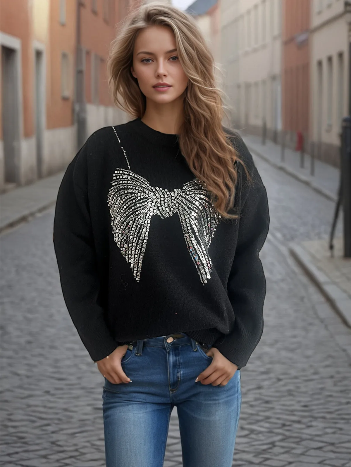 Glamorous Sequin Bow Sweater with Timeless Round Neck Design