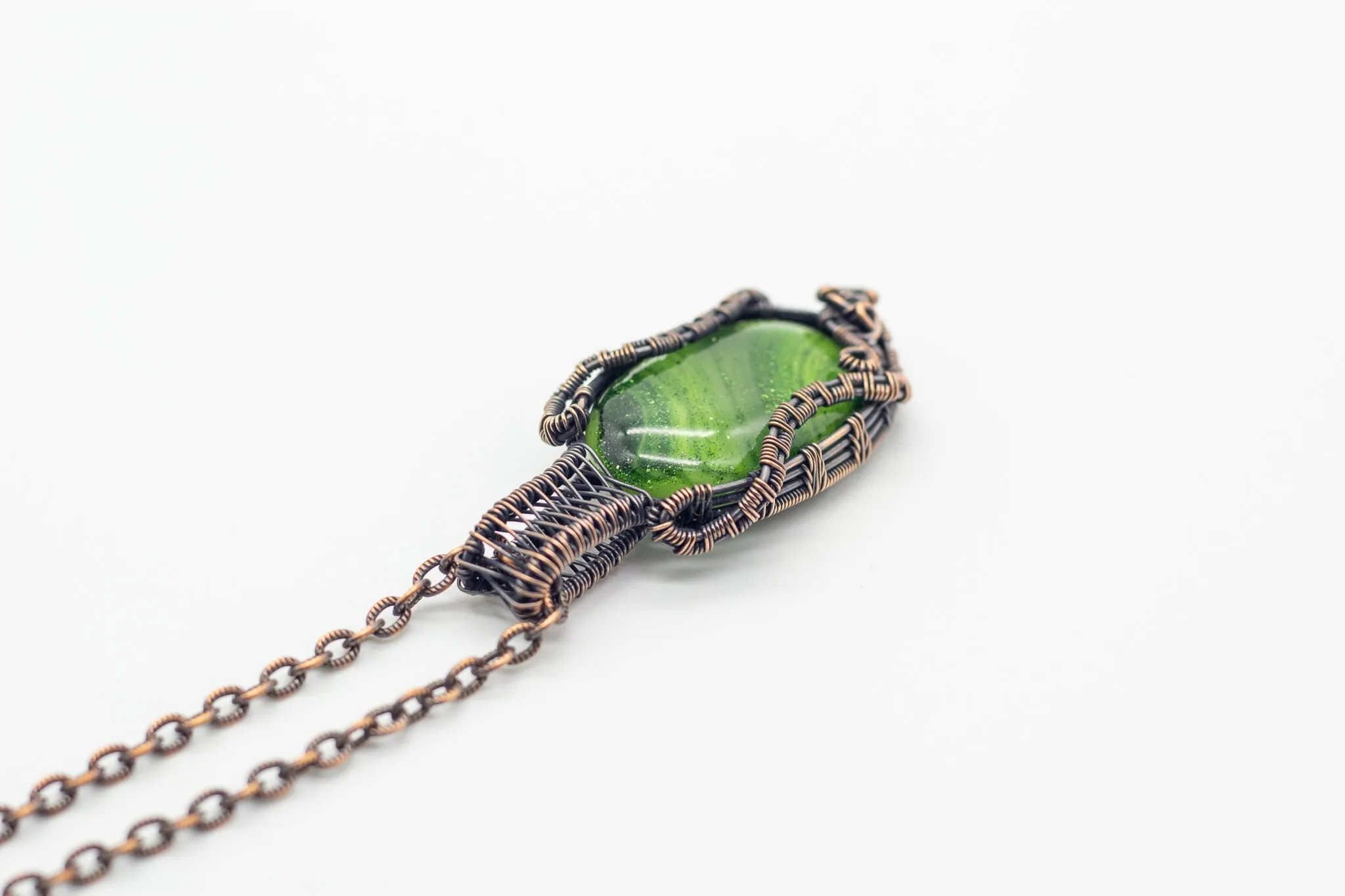 Glittery Green Dichroic Fused Glass Pendant with Copper Wire Wrapping
