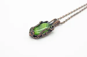 Glittery Green Dichroic Fused Glass Pendant with Copper Wire Wrapping