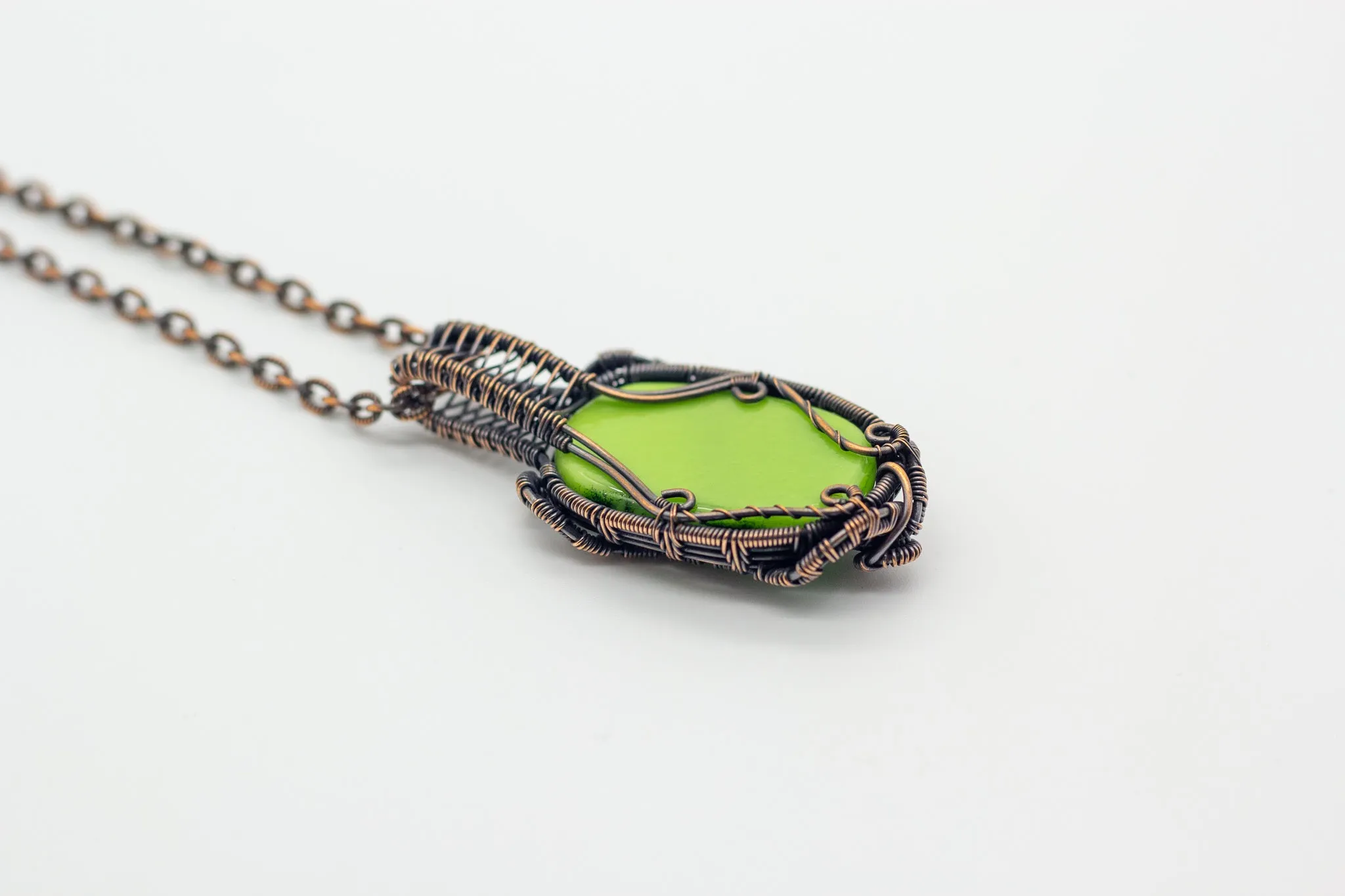 Glittery Green Dichroic Fused Glass Pendant with Copper Wire Wrapping