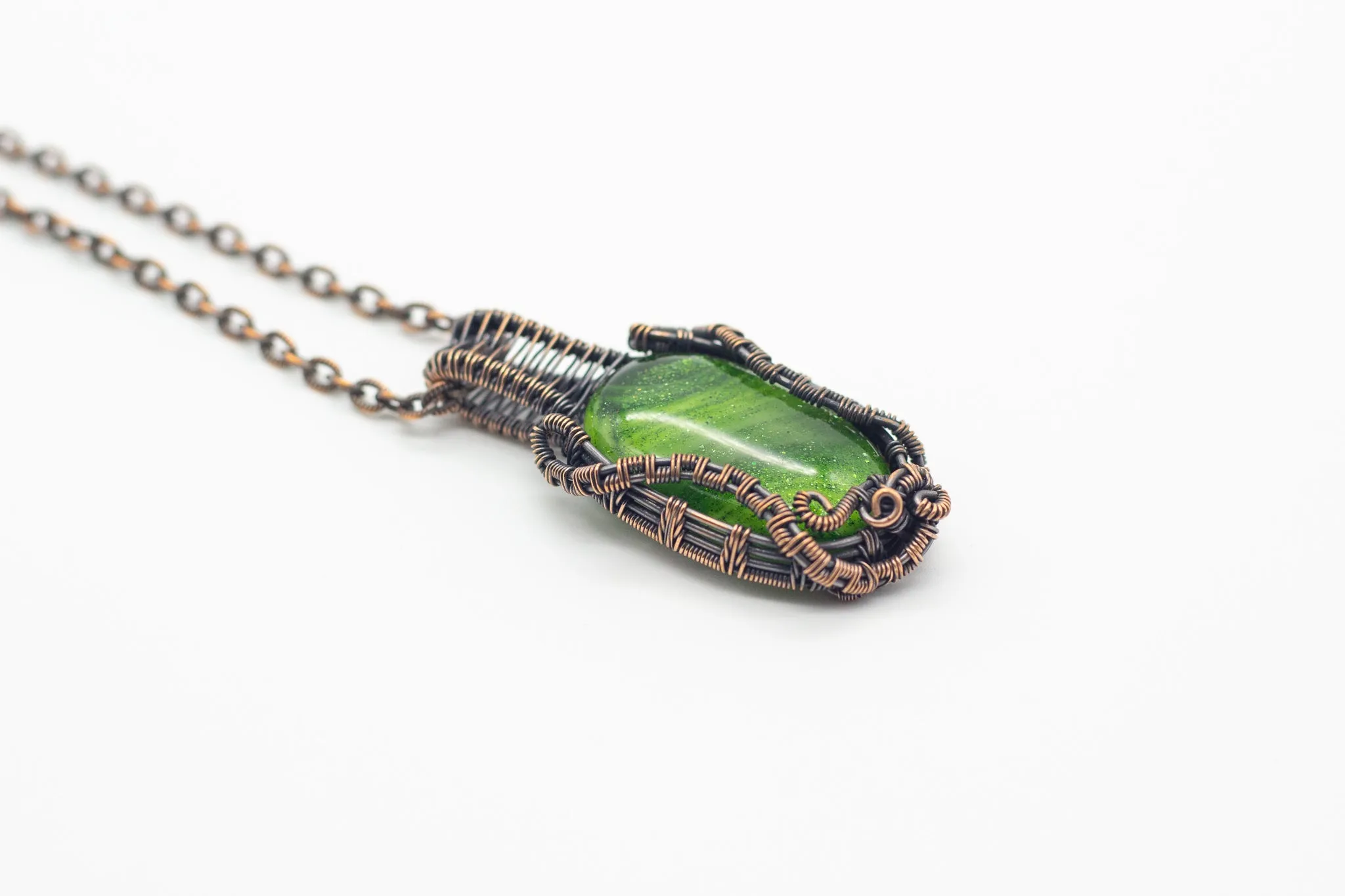 Glittery Green Dichroic Fused Glass Pendant with Copper Wire Wrapping