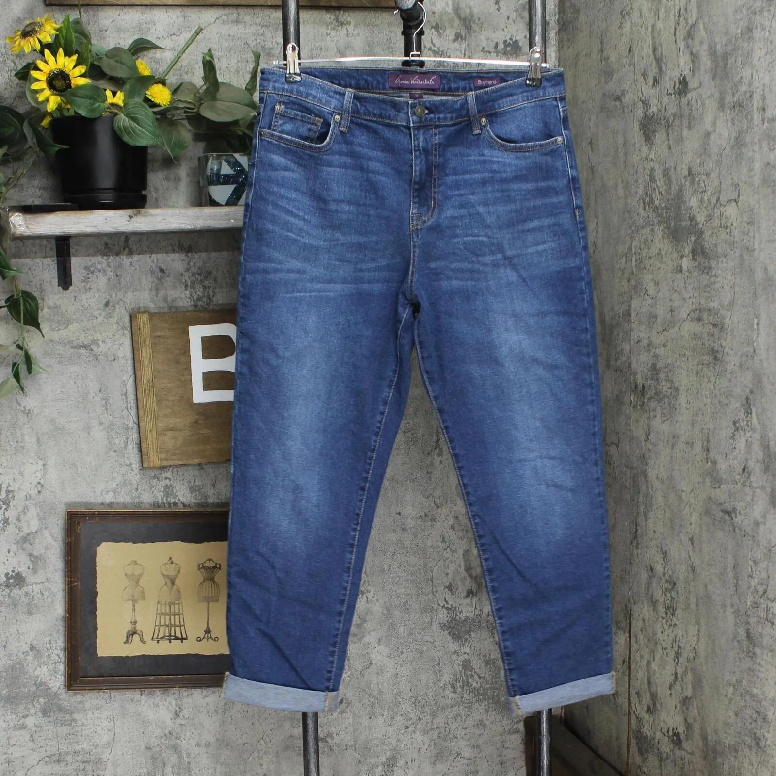 Gloria Vanderbilt Ladies Womens Cuffed Boyfriend Jeans Dark Denim Blue 12