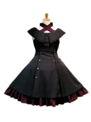 Gothic Lolita JSK Jumper Skirt Sleeveless Ruffles Double Breasted Black Lolita Dresses