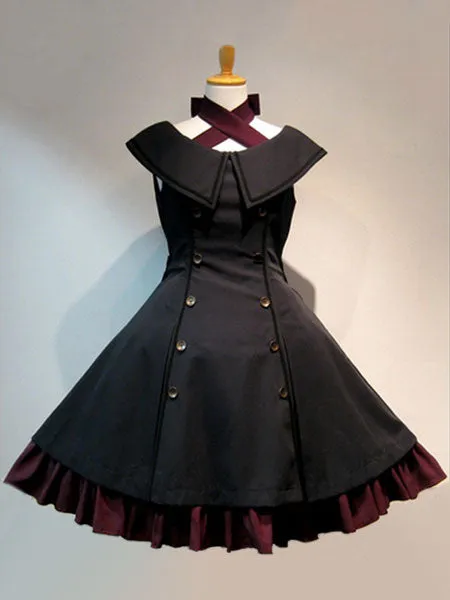 Gothic Lolita JSK Jumper Skirt Sleeveless Ruffles Double Breasted Black Lolita Dresses