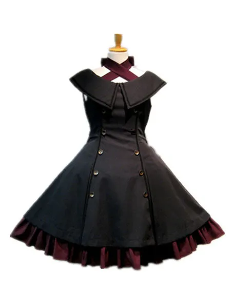 Gothic Lolita JSK Jumper Skirt Sleeveless Ruffles Double Breasted Black Lolita Dresses